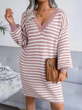 Cozy pink and white striped V-neck long sleeve sweater dress