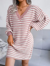 Striped V-Neck Long Sleeve Sweater Dress in soft pink and white stripes