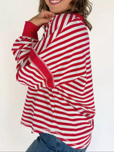 Striped v-neck long sleeve sweatshirt in red and white with relaxed fit designed for machine wash cold care