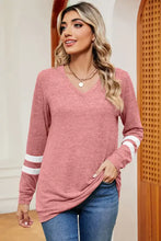 Striped V-Neck Long Sleeve T-Shirt in heather pink with white sleeve stripes
