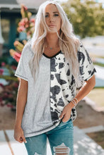 Women’s short sleeve V-neck tee with half-striped half-cow print