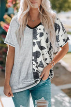 Striped V-neck short sleeve tee with cow print split design