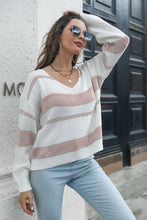 Striped V-Neck Sweater with Long Sleeve Length Acrylic Pullover Dusty Pink