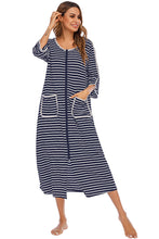 Striped Zip Up Lounge Dress with Pockets Sleeve Length Options