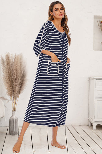 Striped Zip Up Lounge Dress with Pockets Sleeve Length Options Navy