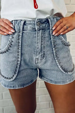 Studded acid wash denim shorts with pocket trim