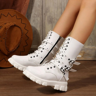 Studded Black and White Buckle Lace Up Combat Boots for Women White