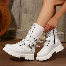 Studded Black and White Buckle Lace Up Combat Boots for Women