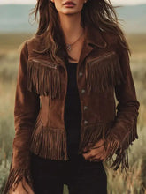 Brown suede button up jacket with long fringe detailing along front sleeves and hem for a stylish look