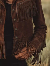 Brown suede fringe button up jacket with long fringe detailing and silver toned buttons on the front side