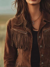 Brown suede fringe button up jacket with detailed fringe along the front zipper and sleeves