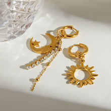 Gold-plated sun moon asymmetric drop earrings with CZ accents