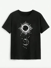 Black short-sleeved Sun & Moon graphic round neck t-shirt