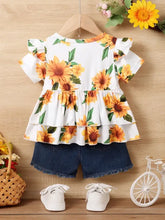 Adorable sunflower ruffled short sleeve top with denim shorts for baby girls