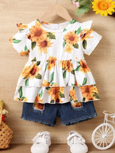 Sunflower ruffled short sleeve top with distressed denim shorts for baby girls