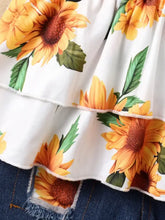 White sunflower ruffled short sleeve top with ripped denim shorts for baby girls