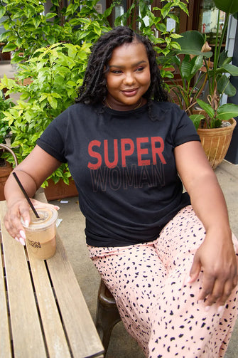 Super Woman Black Cotton T Shirt with Short Sleeve Length for Women Black