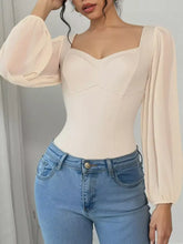 Beige sweetheart neck balloon sleeve corset-style bodysuit with sheer puffy long sleeves and square neckline