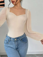 Beige sweetheart neck balloon sleeve bodysuit with sheer puffy long sleeves and square neckline in corset style
