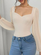 Beige sweetheart neck balloon sleeve bodysuit with sheer long puff sleeves and a square neckline