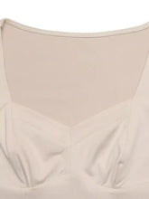 Beige satin bra with square neckline and subtle ruching at the cups in a sweetheart neck balloon sleeve bodysuit