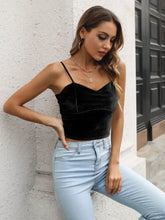 Black velvet sweetheart neck cropped cami with thin spaghetti straps and flattering v-neckline