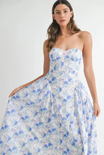 Blue and white chiffon sweetheart neckline floral flattering midi dress