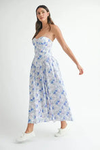 Blue and white chiffon sweetheart neckline floral flattering midi dress
