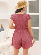 Dusty rose swiss dot cap sleeve romper with puffed sleeves