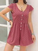 Dusty rose swiss dot cap sleeve romper with flutter sleeves and buttons
