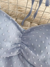 Light blue sheer Swiss Dot flounce sleeve blouse with delicate white floral embroidery and ruched neckline