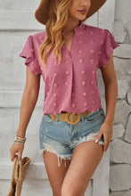 Swiss dot notched cap sleeve T-shirt in dusty rose with denim shorts