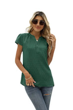 Swiss dot notched neck short sleeve top with jeans and sunglasses