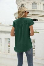 Swiss Dot Notched Neck Short Sleeve Dark Green Blouse