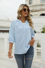 Swiss Dot Notched Neck Three-Quarter Sleeve Blouse Woman T Shirts