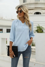 Swiss Dot Notched Neck Three-Quarter Sleeve Blouse Woman T Shirts