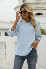 Light blue swiss dot notched neck three-quarter sleeve blouse