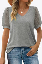 Gray Swiss Dot Puff Sleeve V-Neck Tee with Sheer Polka Dots