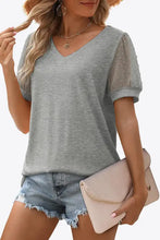 Swiss Dot Puff Sleeve V-Neck Tee Woman T Shirts