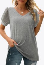 Swiss dot puff sleeve V-neck tee in gray with sheer polka dots