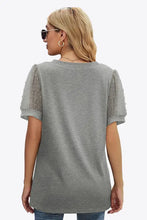 Swiss Dot Puff Sleeve V-Neck Tee in gray with sheer polka dots