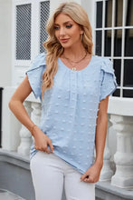 Swiss dot round neck short sleeve light blue T-shirt with ruffles