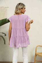 Swiss dot round neck tiered blouse with flutter sleeves