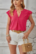 Hot pink Swiss dot ruffled cap sleeve V-neck blouse