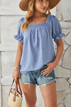 Blue swiss dot smocked square neck short sleeve top