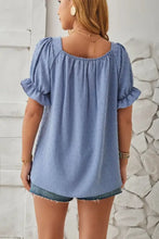 Light blue swiss dot smocked square neck short sleeve blouse