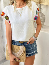 Swiss Dot White Blouse with Colorful Crochet Sleeves for Women
