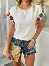 Swiss Dot White Blouse with Colorful Crochet Sleeves for Women