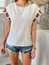 Swiss Dot White Blouse with Colorful Crochet Sleeves for Women