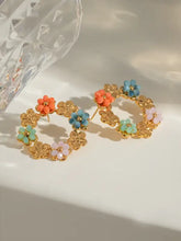 Gold-toned stainless steel flower earrings with colorful synthetic crystal beads